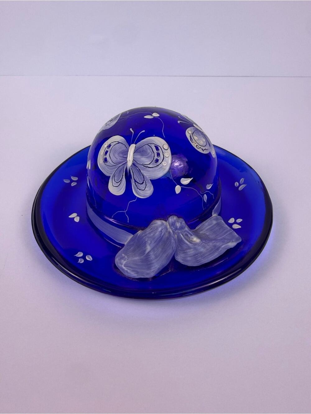 Fenton Bye Bye Butterfly Cobalt Blue Designer Hat Painted Sue Jackson #1522/2500